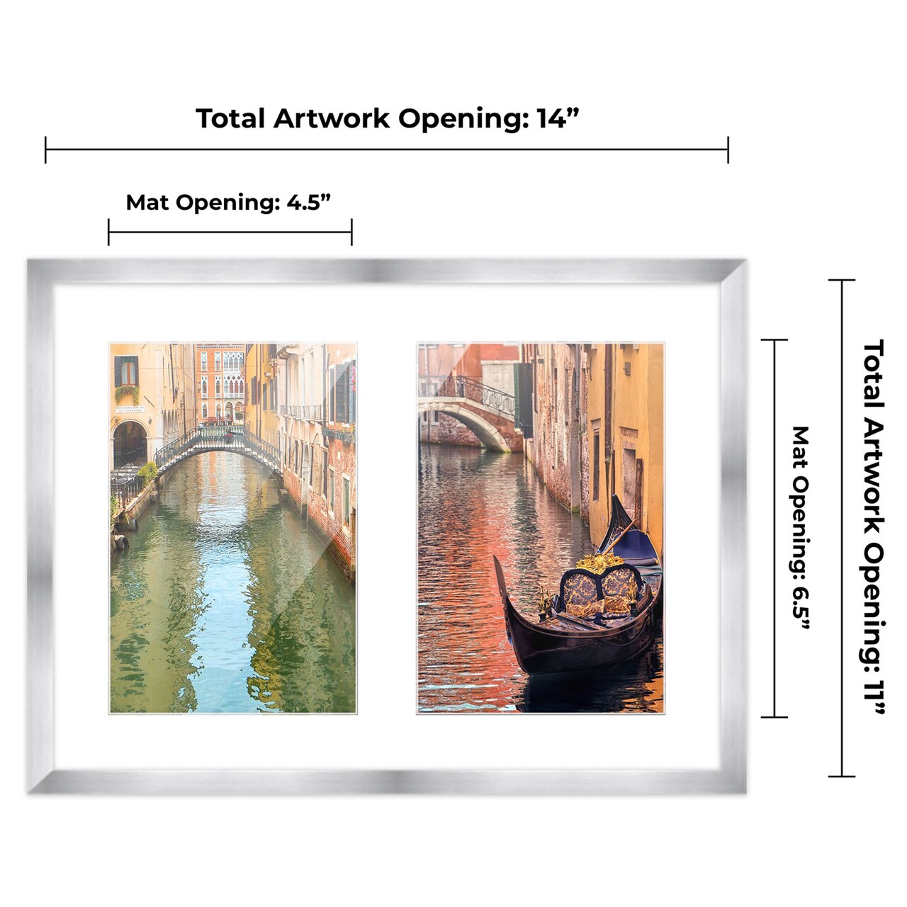 Stainless Steel Silver Wood Finish Collage Frame - White Mat, 20 Frame Sizes to Choose From, UV Acrylic, Wall Hanging Hardware, Vertical or Horizontal Display